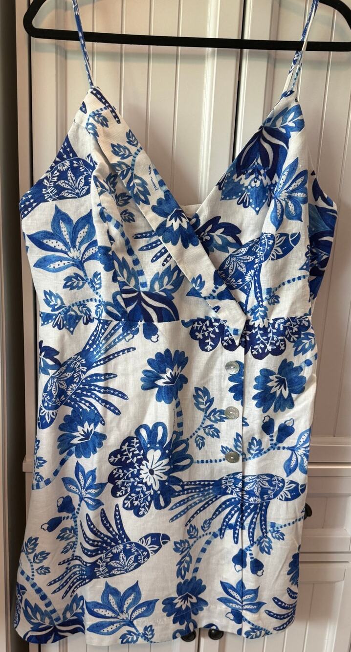 FARM Rio "Floral Birds" Linen Mini Dress, Off-White/Blue Sz XL NWT